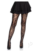 Leg Avenue Seamless Chantilly Floral Lace Tights Black worn with a black skirt and high heels, showcasing intricate floral patterns.