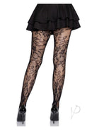 Leg Avenue Seamless Chantilly Floral Lace Tights Black worn with a black skirt and high heels, showcasing intricate lace design.