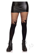 Leg Avenue Opaque Flame Tights with Fishnet Top Black displayed on a model wearing a black mini skirt and chunky boots.
