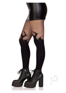 Leg Avenue Opaque Flame Tights with Fishnet Top Black showcased with a stylish black mini skirt and chunky boots.