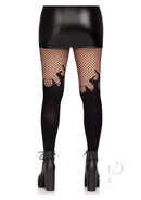 Leg Avenue Opaque Flame Tights with Fishnet Top Black showcased under a black mini skirt.