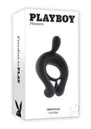 Playboy Triple Play Remote Control Silicone Cock Ring Black packaging featuring a sleek black design.