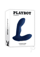 Playboy Pleasure Pleaser Warming Prostate Massager Blue elegantly displayed in its box, featuring a sleek design and soft silicone.
