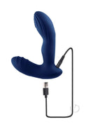 Playboy Pleasure Pleaser Warming Prostate Massager Blue with USB charging cable for enhanced pleasure.