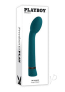Playboy On The Spot Silicone G-Spot Vibrator Teal packaging with sleek design and powerful oval head.