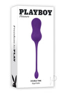 Playboy Double Time Silicone Vibrating Kegel Balls Purple packaging with distinctive design.