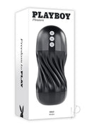 Playboy Solo Rechargeable Textured Stroker Black packaging showing ergonomic design and controls for customizable pleasure.