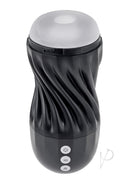 Playboy Solo Rechargeable Textured Stroker Black showcasing its ergonomic design and textured channel for enhanced pleasure.