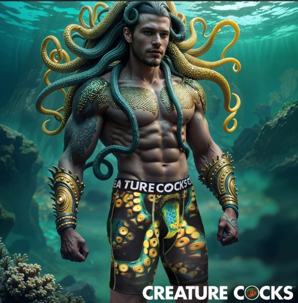 Creature Cocks Underwear Monstropus Large worn by muscular model with tentacle design in underwater setting.