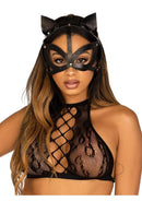 Leg Avenue Vegan Leather Studded Cat Mask Black modeled by a woman with a black fishnet top and cat ears.