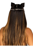 Leg Avenue Vegan Leather Studded Cat Mask Black worn with studded headband and cat ears from the back.