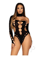 Leg Avenue Seamless Cut Out Thong Back Bodysuit Black worn by a model showcasing its unique cut out design.