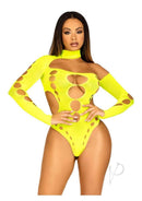 Leg Avenue Seamless Cut Out Thong Back Bodysuit Neon Yellow showcasing bold asymmetrical cut out design.