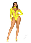 Leg Avenue Seamless Cut Out Thong Back Bodysuit Neon Yellow worn by a model with bold cut outs and long sleeves.