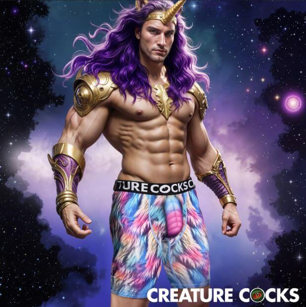 Muscular model wearing Creature Cocks Underwear Mystique X LARGE with a unicorn horn in a cosmic background.