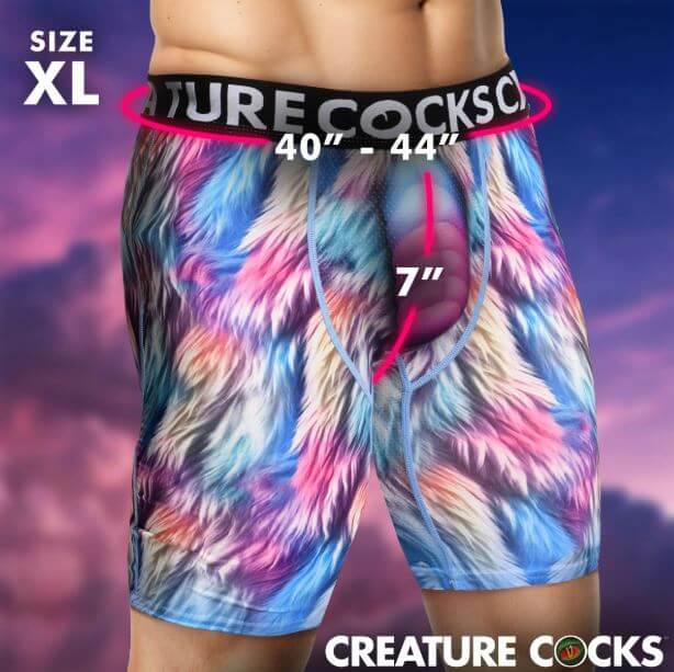 Creature Cocks Underwear Mystique X LARGE featuring vibrant fur pattern and unicorn horn detail in XL size.