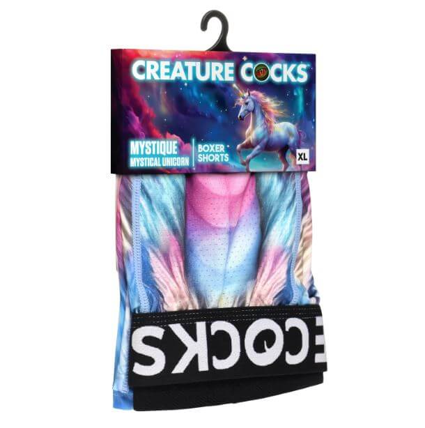 Creature Cocks Underwear Mystique X LARGE packaged with colorful unicorn design and vibrant fur pattern.