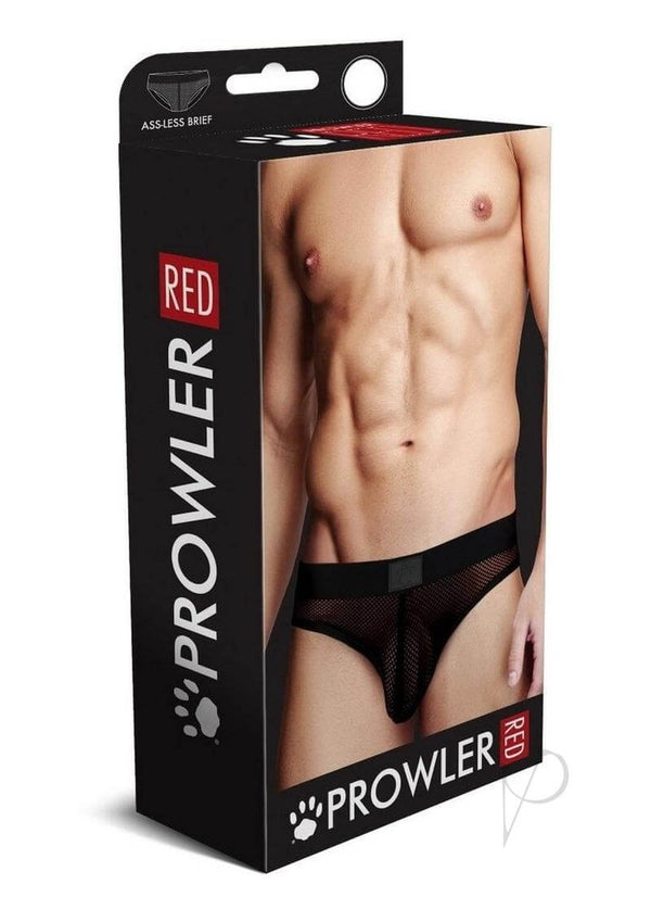 Prowler RED Fishnet Ass Less Brief XXL Black packaging featuring a male model displaying the product design.