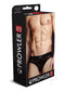 Prowler RED Fishnet Ass Less Brief XXL Black packaging featuring a male model displaying the product design.