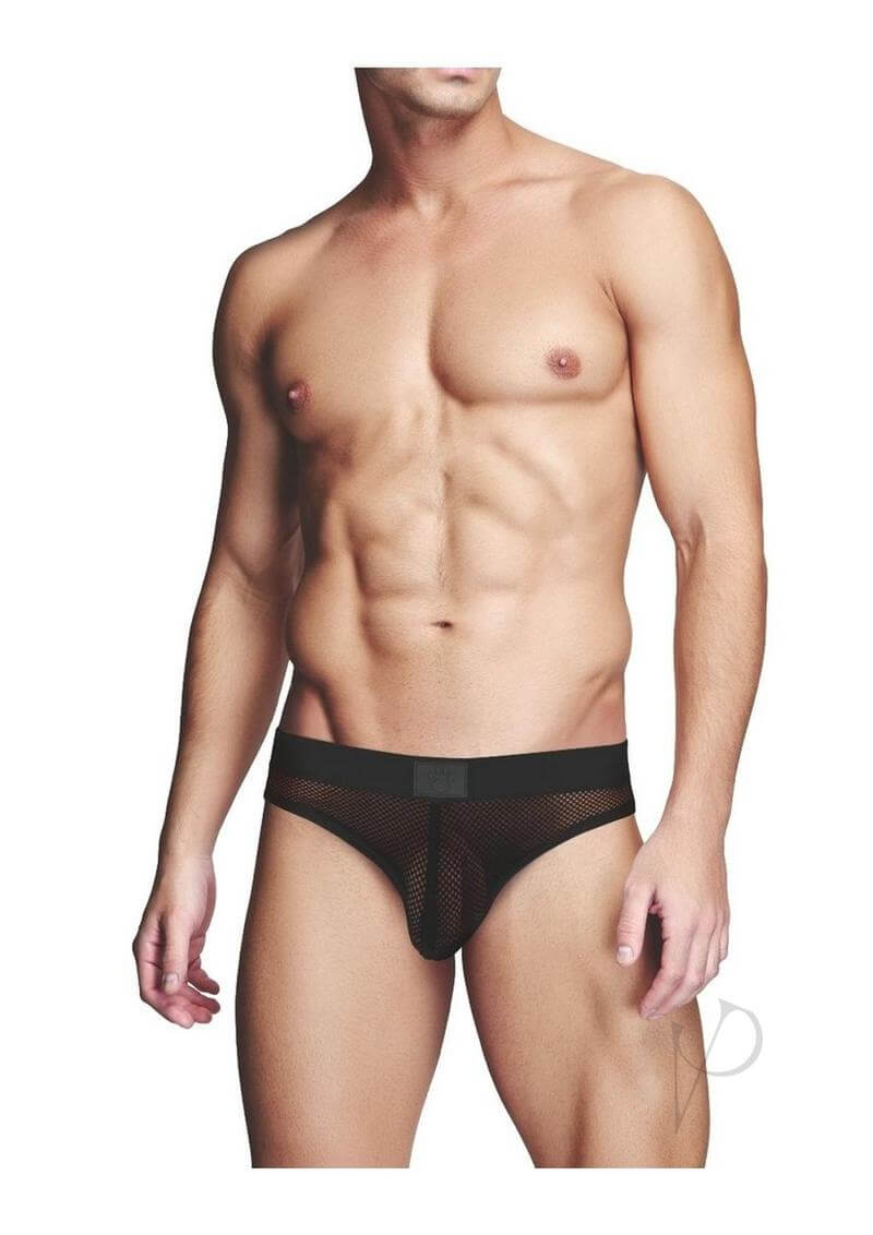 Prowler RED Fishnet Ass Less Brief XXL Black showcased on a model, featuring a provocative fishnet design in sleek black.