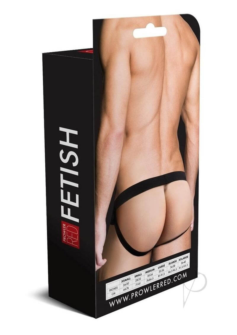 Prowler RED Fishnet Ass Less Brief XXL Black packaging showcasing provocative design and branding.