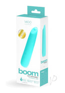 VeDO Boom Silicone Ultra Warming Vibrator Turquoise packaging showcasing its features and sleek design.