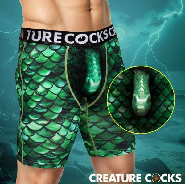 Creature Cocks Underwear Cockness Monster Large featuring vivid green scales and dragon-inspired detail.