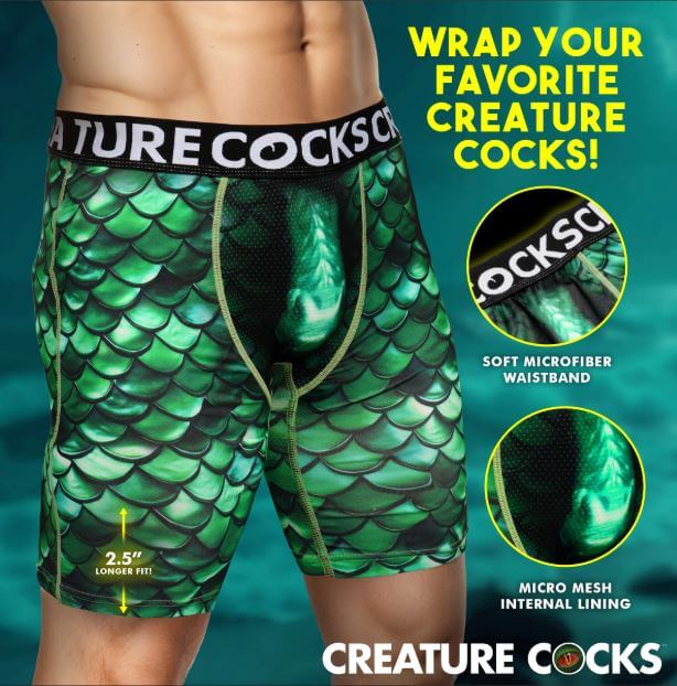 Creature Cocks Underwear Cockness Monster Medium showcasing vibrant green scales and a dragon-inspired design.