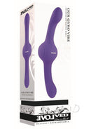 Our Gyro Vibe Rechargeable Silicone Dual End Vibrator Purple in packaging, showcasing its ergonomic design and vibrant color.