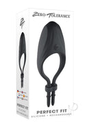 Zero Tolerance Perfect Fit Vibrating Silicone Cock Tie Black packaging showcasing adjustable design and features.