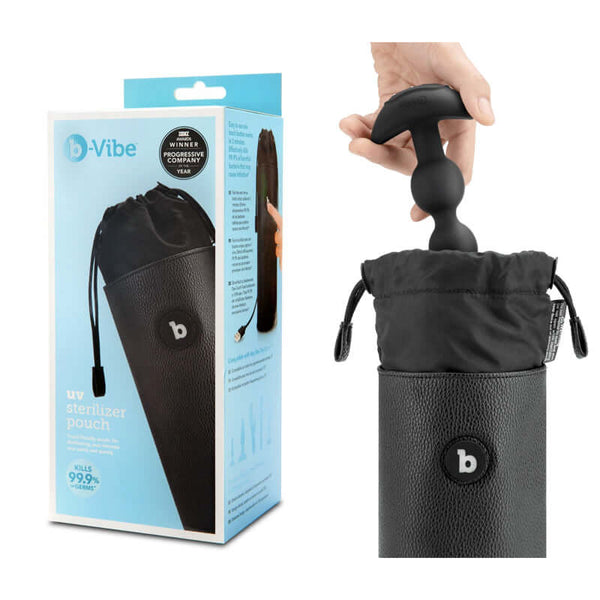 b-vibe UV Sterilizer Pouch Black displayed with toys, showcasing powerful UV-C sanitizing technology.