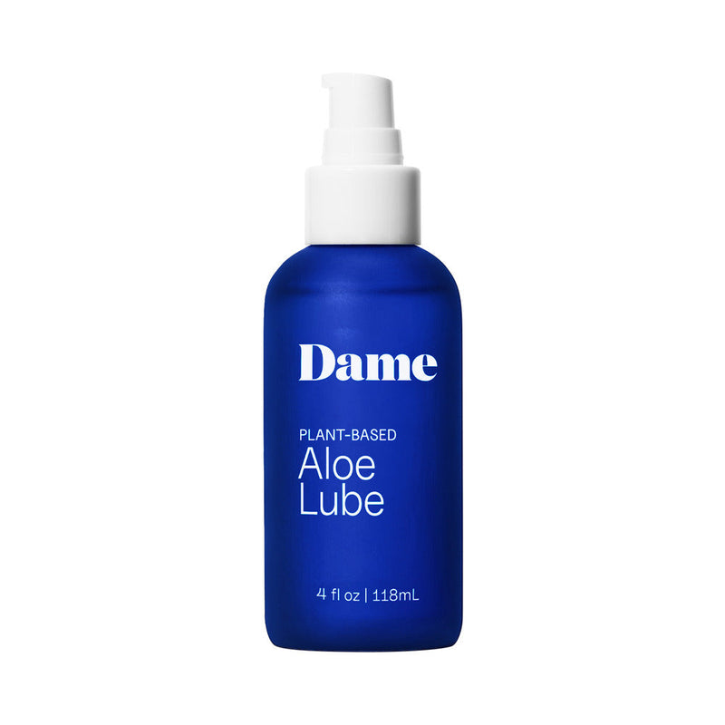 Dame Aloe Lube Personal Lubricant 4 Oz in a blue pump bottle, plant-based formula for enhanced intimacy.