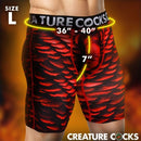 Creature Cocks Underwear Horny Devil Large front view showcasing crimson red scale pattern and size measurements.