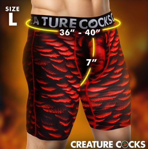 Creature Cocks Underwear Horny Devil Large front view showcasing crimson red scale pattern and size measurements.