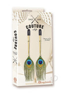 Couture Clips Peacock Plume Nipple Clamp Gold packaged with peacock feathers and gold loops design.