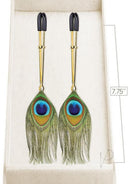 Couture Clips Peacock Plume Nipple Clamp Gold with mini peacock feathers and gold electroplated loops in a box.