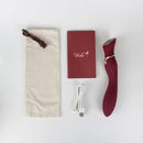 Viotec Chance Touch Screen G-Spot Vibrator Wine, charger, pouch, and user manual on a white background.