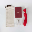 Viotec Chance Touch Screen G-Spot Vibrator Red with storage pouch, user manual, and charging cable on a white background.