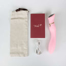 Viotec Chance Touch Screen G-Spot Vibrator Pink, storage pouch, manual, and charging cable arranged on a surface.