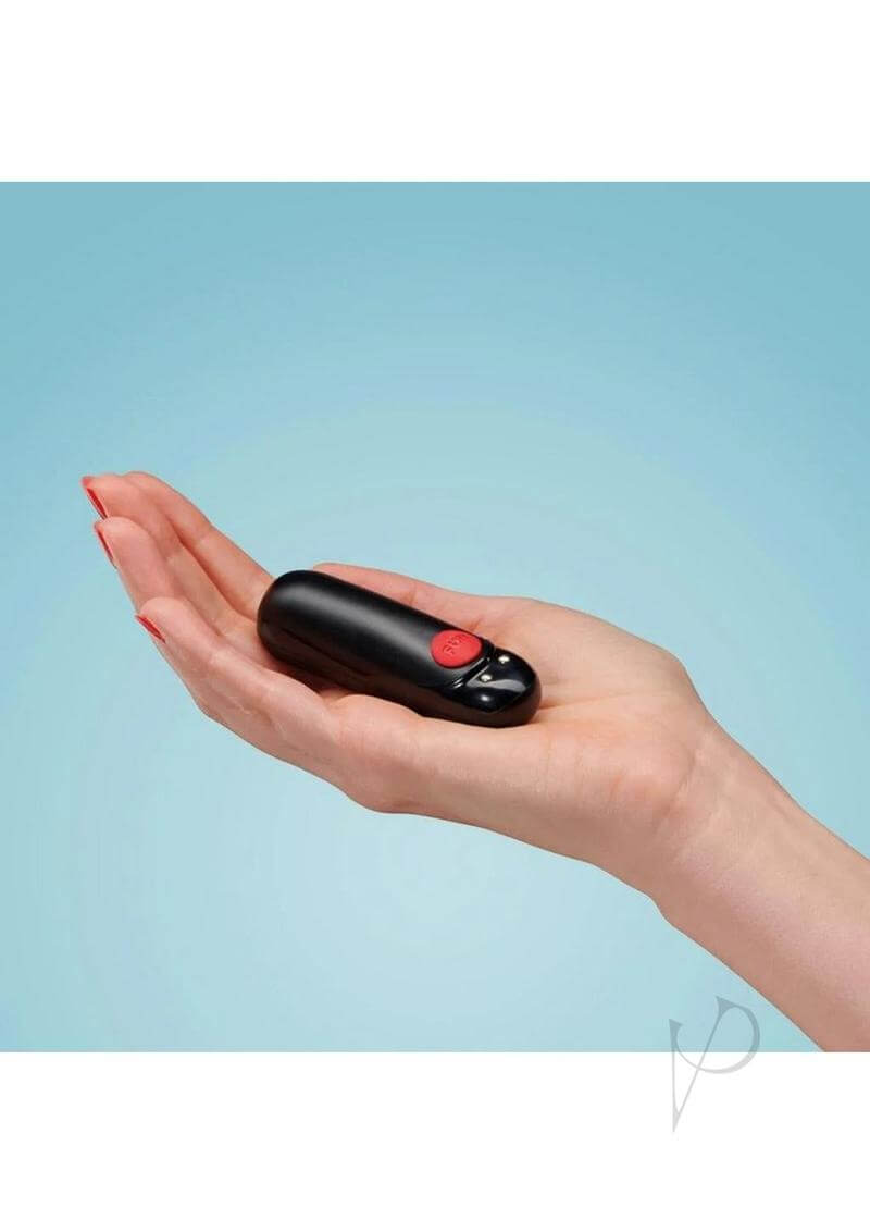 Black Fun Factory Massage Bullet Vibrator held in hand, showcasing its compact size and user-friendly design.