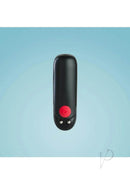 Fun Factory black bullet vibrator, rechargeable and waterproof, with red button against a blue background.