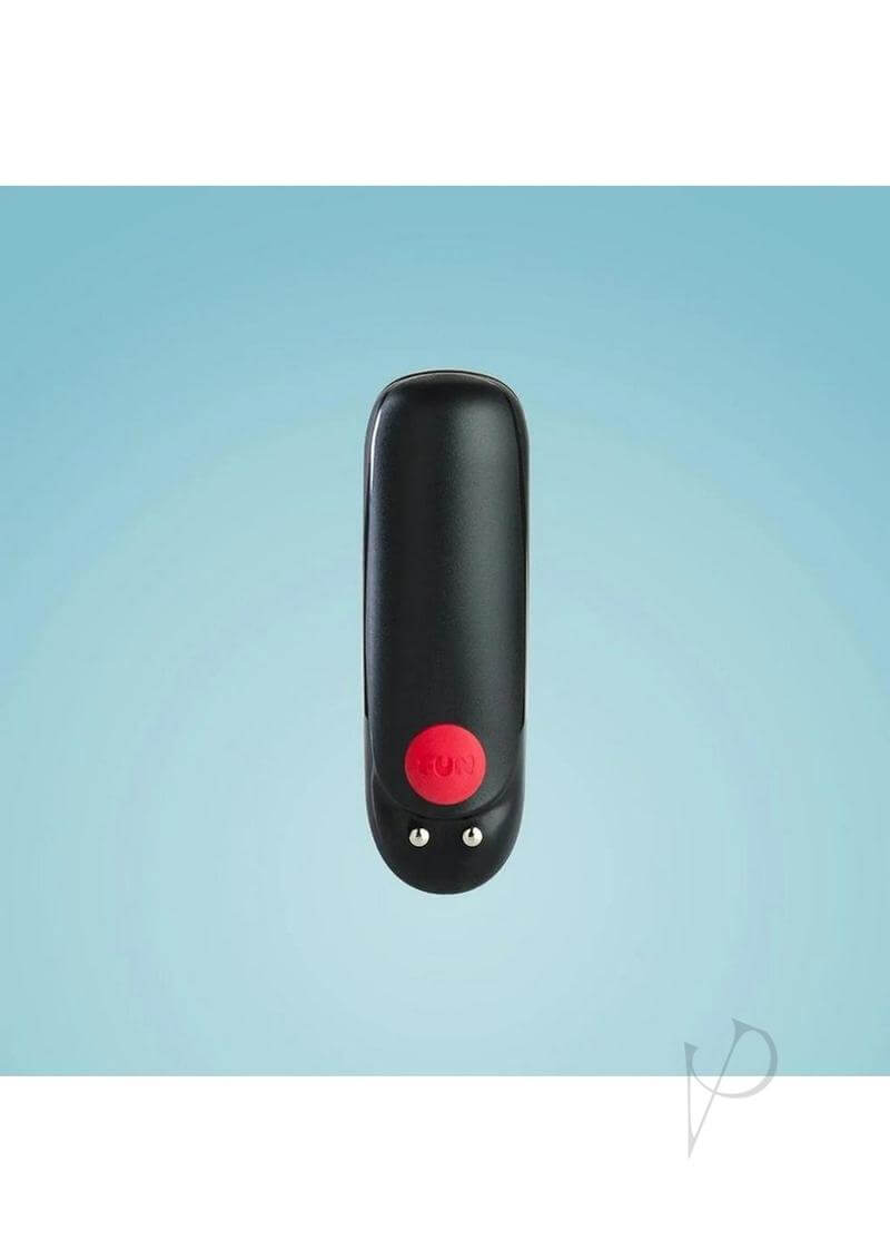 Fun Factory black bullet vibrator, rechargeable and waterproof, with red button against a blue background.