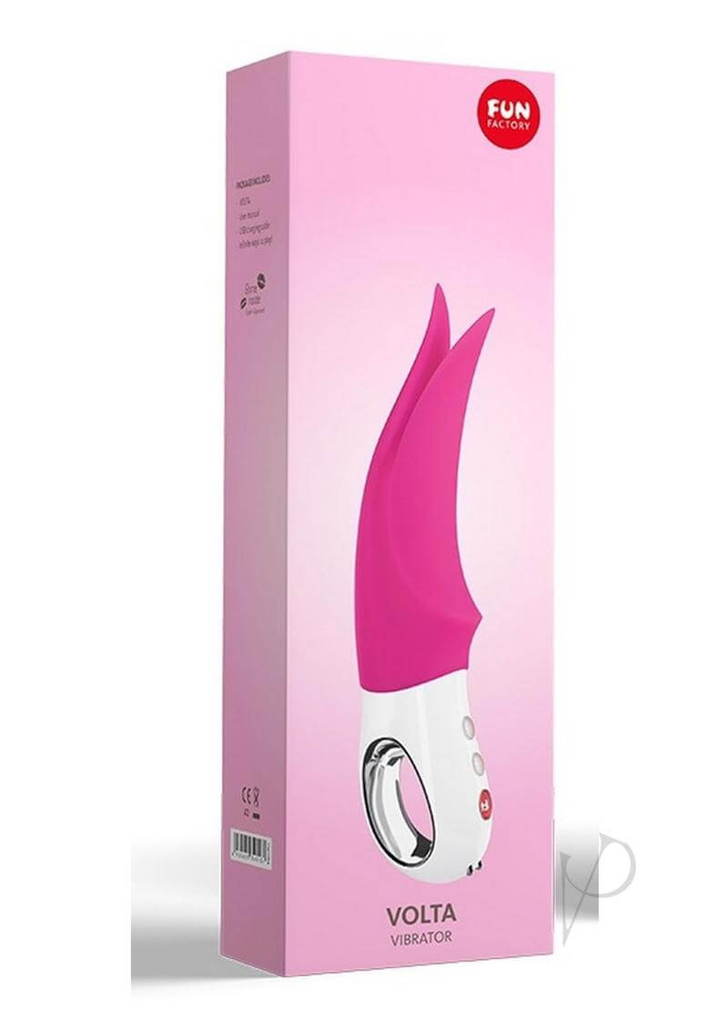 Fun Factory Volta Vibrator in packaging, featuring dynamic flutter tips and a sleek design in vibrant pink color.