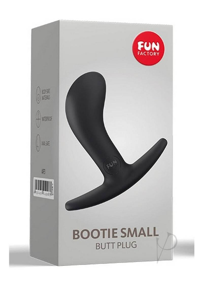 FUN FACTORY Bootie Small Black Butt Plug in packaging, ideal for beginners and experienced anal play enthusiasts.