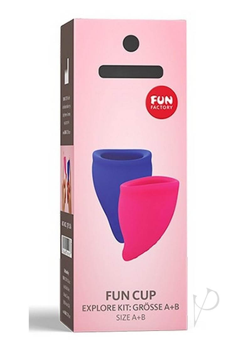 Fun Factory Fun Cup Explore Kit in pink and blue packaging, featuring Size A and B for period protection.