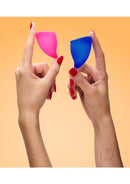 Hands holding a pink and blue Fun Cup from the Fun Factory Explore Kit for period protection.