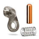 Stay Hard Vibrating Cock Ring Set with Studded Sleeve includes textured sleeve and rechargeable bullet vibrator.