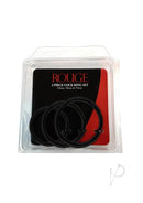 Stainless Steel 3 Piece Cock Ring Set Black in packaging showing sizes 45mm, 50mm, and 55mm for enhanced performance.