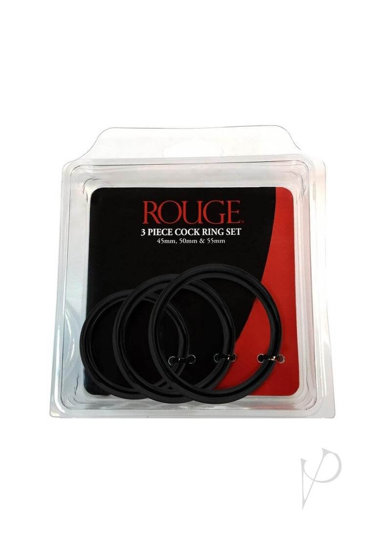Stainless Steel 3 Piece Cock Ring Set Black in packaging showing sizes 45mm, 50mm, and 55mm for enhanced performance.