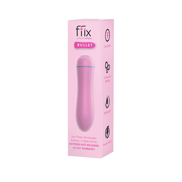 FemmeFunn FFIX Bullet Waterproof Vibrator Light Pink packaging showcasing its sleek design and features.